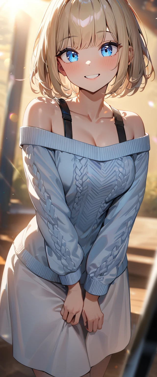 sweater with open shoulders, skirt lift, Tennis skirt,Looking Back, silver hair, earring, Korean woman,Sinister look,sexy body,bottom of buttocks visible