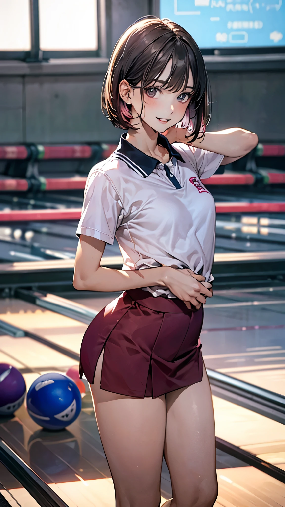 (masterpiece:1.2, top-quality), (realistic, photorealistic:1.4), beautiful illustration, (natural side lighting, movie lighting), nsfw,
beautiful detailed hair, beautiful detailed face, beautiful detailed eyes, beautiful clavicle, beautiful body, beautiful chest, beautiful thigh, beautiful legs, beautiful hands,
looking at viewer, 1 girl, 16 years old, professional bowler, perfect face, cute and symmetrical face, shiny skin,
(short hair, bob hair, brown hair), bangs, gray eyes, , big eyes, long eye lasher, (medium breasts), (small ass, thin thighs), slender, outstanding style,
(detailed cloth texture, bowling uniform polo shirt(pink), short skirt(black), training shoes), finest underwear,
(beautiful scenery), (bowling alley), (smile, parted lips),
