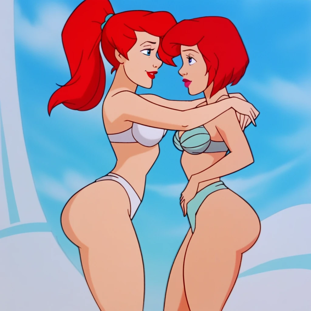 ar_el, 2girls, clones, duo, fair skin, red lips, red hair, large aqua-blue eyes, having fun, huge butt, legs, white bra, thicc thighs, butt bumping, side view