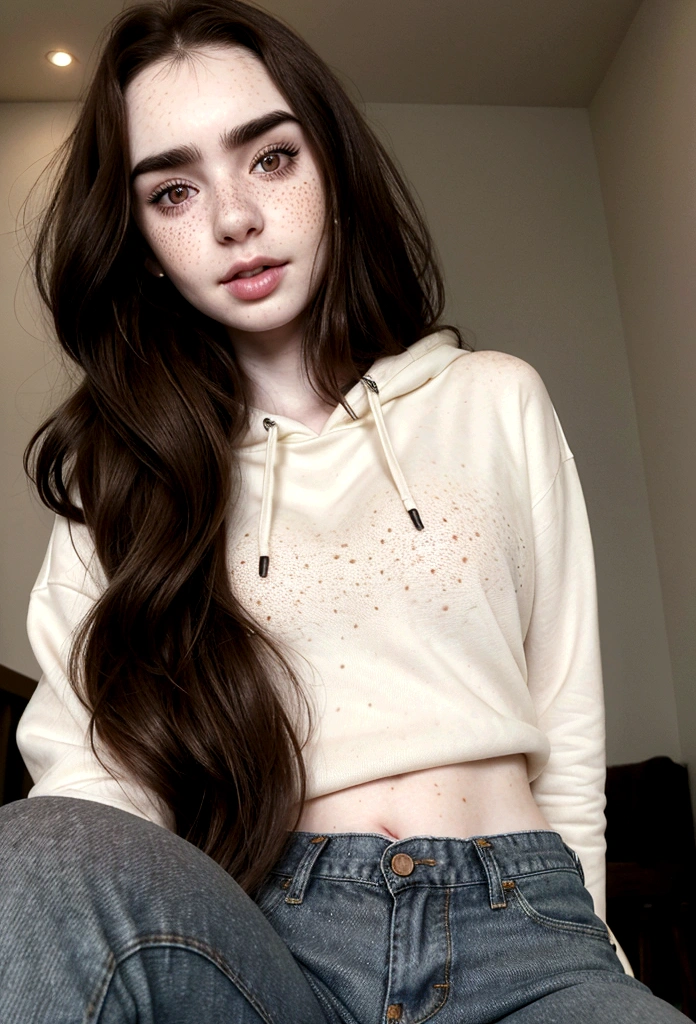 Lily Collins,((, long flowing dark brown hair, pale skin, freckles)), Hourglass, seductive, half body picture, Detailed skin, Looking at Viewer, Perfect Style, hoodie, jeans