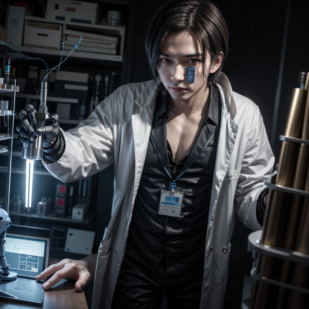 naughty man,morephi,parts,cos,robot,connected,Artificial intelligence,using,labcoat,phi,laboratory