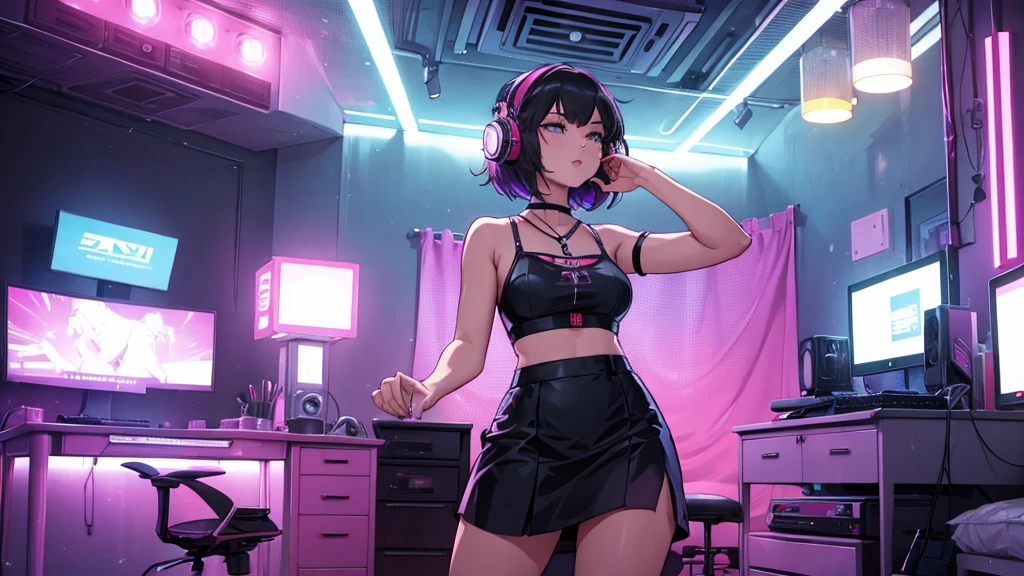 A solo shot featuring
yor a DJ, showcasing her skills on the turntables at a vibrant rave.