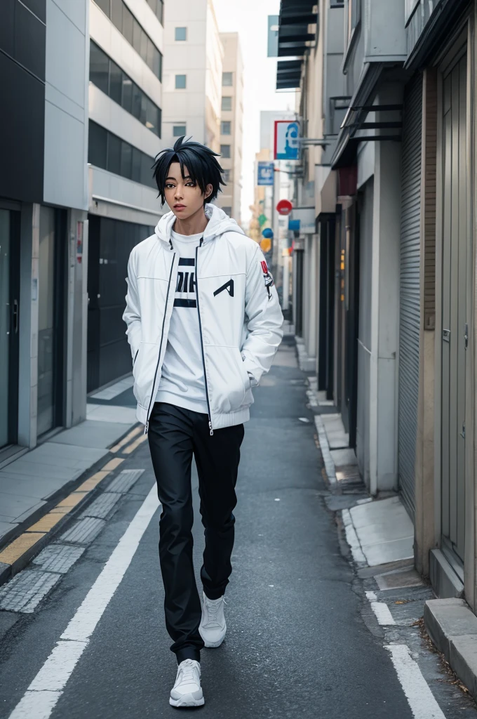 Black hair anime protagonist with white jacket walking on sidewalk