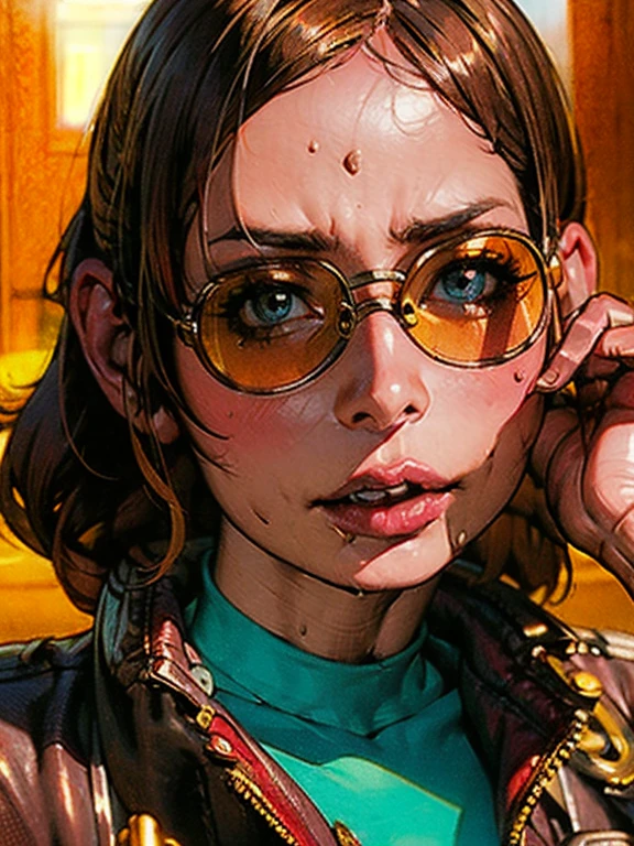 a woman wearing a leather jacket with studs, large sunglasses, dreadlocks, dark skin, beautiful detailed eyes, beautiful detailed lips, extremely detailed eyes and face, long eyelashes, portrait, cinematic lighting, dramatic color palette, hyperrealistic, 8k, photorealistic, high quality, masterpiece