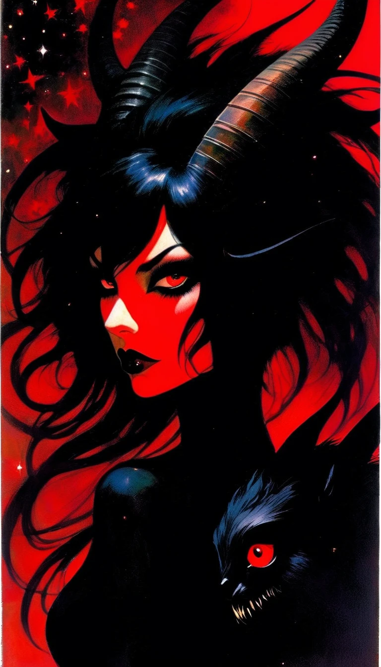 1black goat with red eyes and 1sinister and sexy black hair girl, dark mountain, sinister, stars, background, art inspired by Bill Sienkiewicz