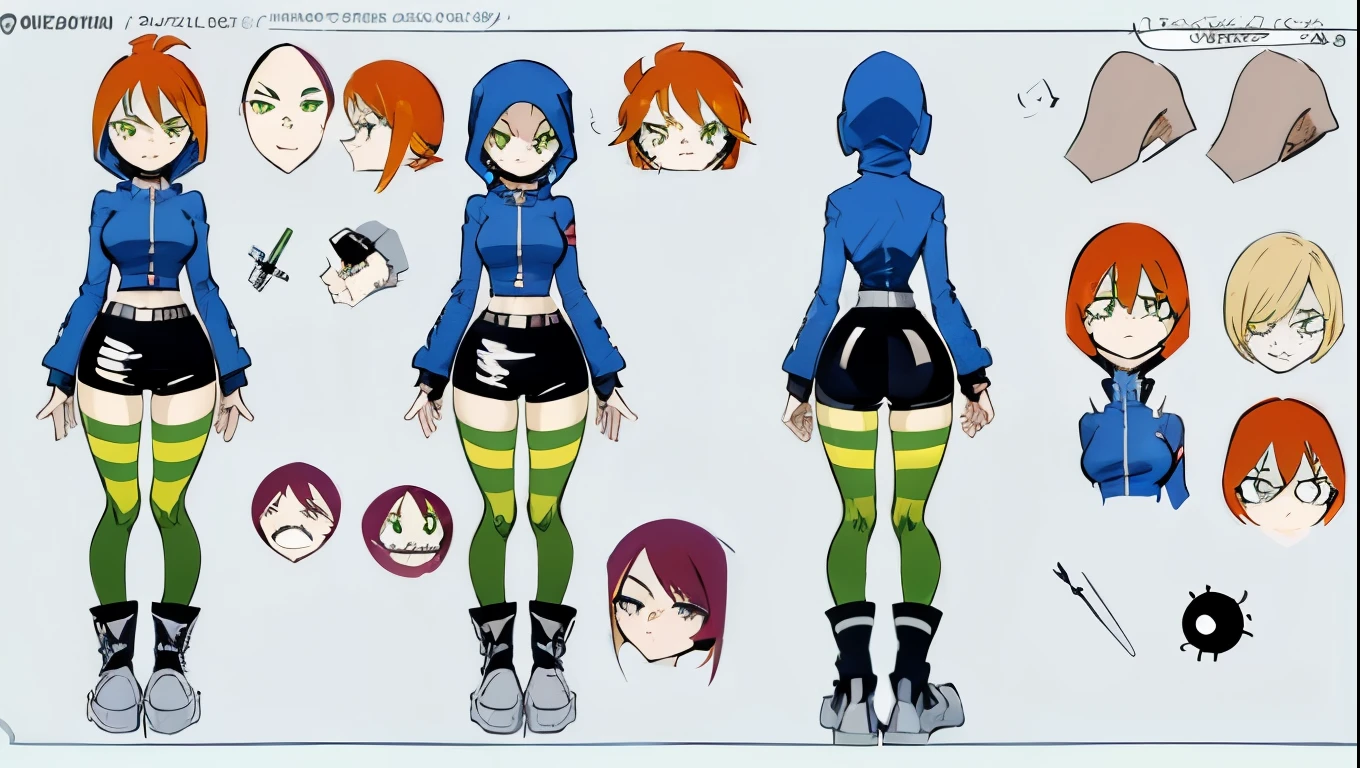 (((My Hero academia Style))), (((Goth Girl))), ((Foster's Hole For Imaginary Friends)), (blue short sweatshirt), (black mini shorts), (green and black striped thigh-high socks), (redhead with yellow at the tips), (hood up), (eye shadow), (green eyes), (classic black sneakers), (exposed abdomen), (abs), (black fingerless gloves), (wide hips), (wide thighs), (medium breasts), (Full body photo:1.5), (face photo:0.5), (photo:0.5), ((High resolution)), ((concept art of character)), ((Character Design Sheet)), (Same role), (frontage), (Lateral face), (on back), ((three sided view)), ((multiple views)), (((perfect anatomy))), (((perfect hands))), (((super detailed))),