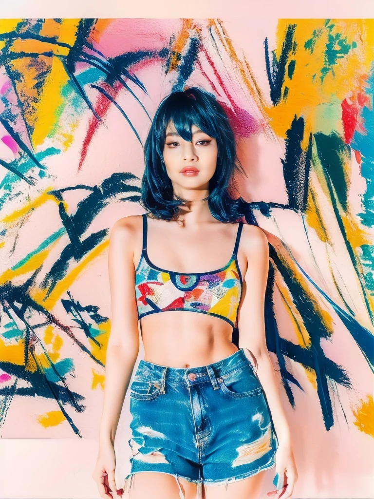 masterpiece, top-quality, 1girl in, solo, bra very, Denim shorts, a choker, (doodle:1.5), Paint Splatter, arms behind back, Hitting a wall, Look at viewers, Armbands, Thigh strap, Paint on the body, tilt of the head, tedium, O cabelo multicolorido, Aqua Eye,