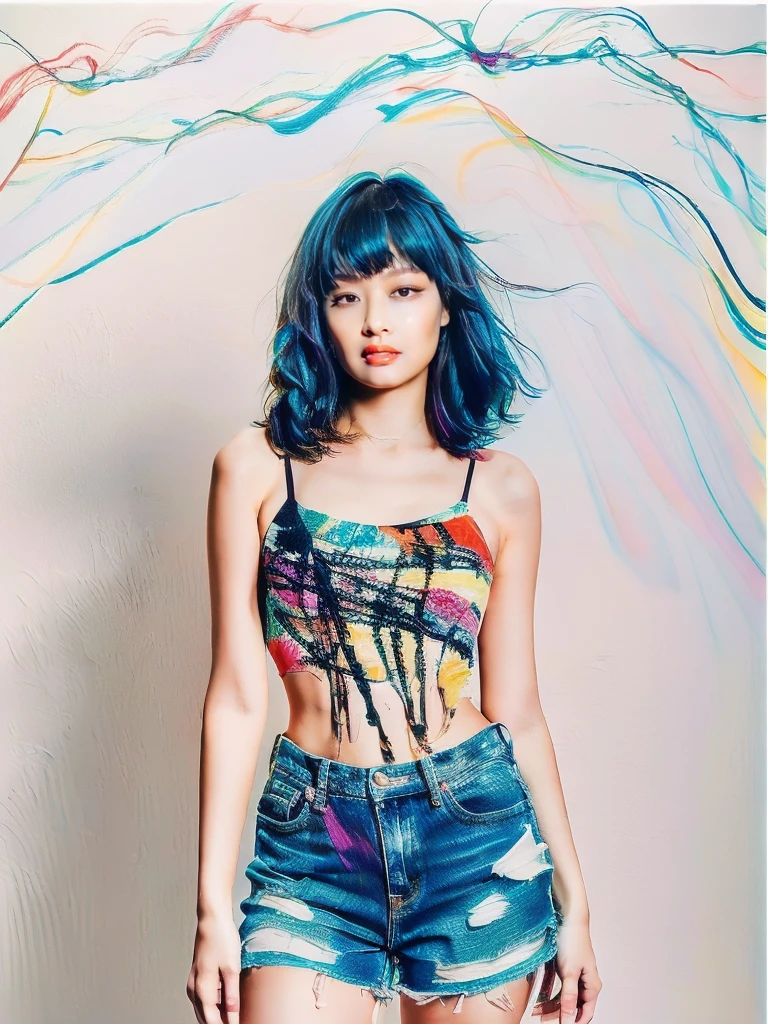 (Best quality, actual, photoactual, photo-actual, colorful, sharp focus), (full body, wide angle shot), (1 cute Japanese girl), (Nana Komatsu),Jackson Pollock action painting, kinetic expression, colorful hair, (Photograph Art Minimalism:1.1), simple background, studio.