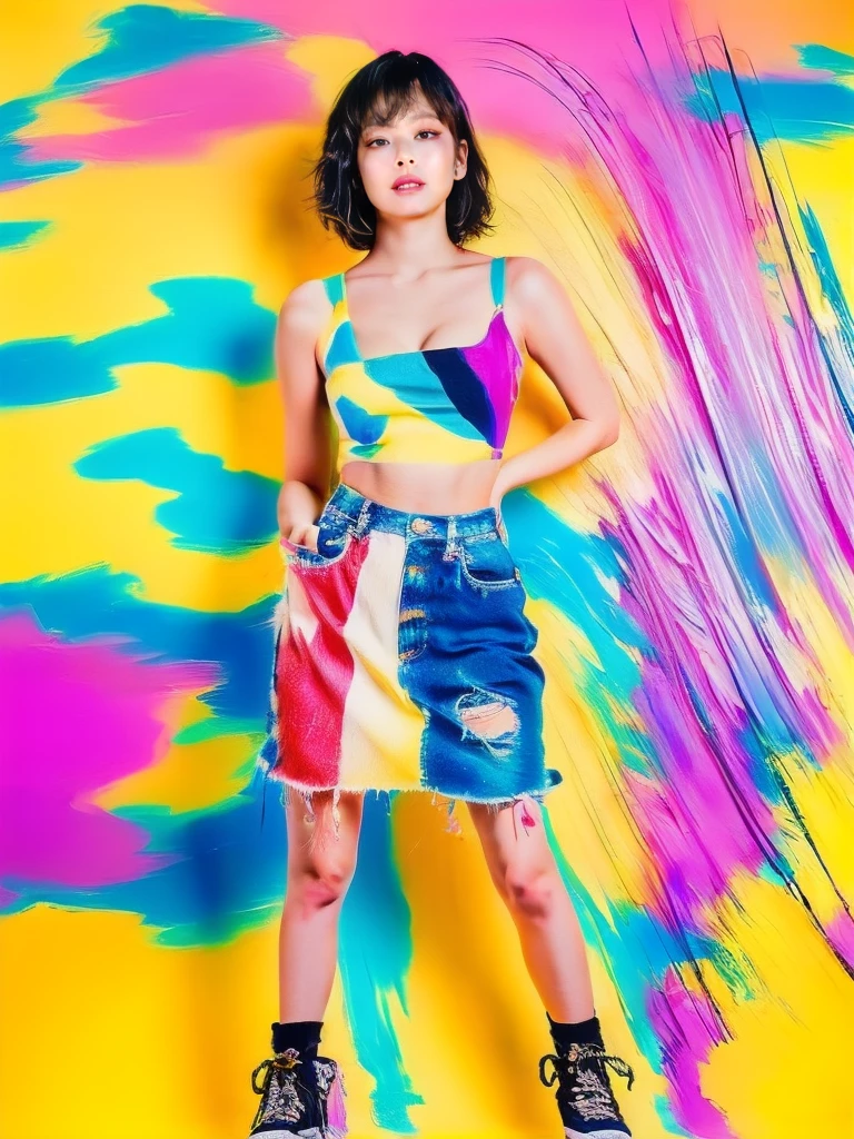 (Best quality, actual, photoactual, photo-actual, colorful, sharp focus), (full body, wide angle shot), (1 cute Japanese girl), (Nana Komatsu),Jackson Pollock action painting, kinetic expression, colorful hair, (Photograph Art Minimalism:1.1), simple background, studio.