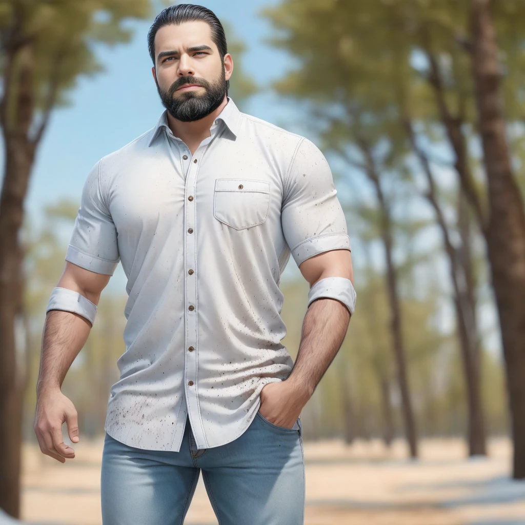 parameters: topless male, solo, (young), Indonesian guy, semi-realistic illustration of a lumberjack, dark skin, sweat, beard, body hair, small waist, broad shoulders, chisled jawline, asthetic muscular physique, open compression shirt, open jeans, black flannel shirt, huge crotch bulge, masculine, inside stable's, masterpiece, best quality, high-res, medium full-body shot, looking at viewer, by chunie and Taran Fiddler, naked, cowboy, full-quarter body shot,