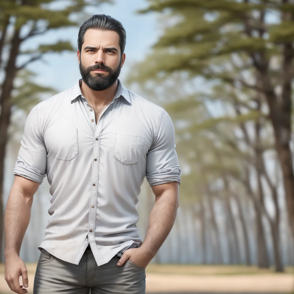 a confident man with a thick beard and aviator sunglasses, standing in a snowy forest, wearing a stylish plaid flannel shirt over a white t-shirt and dark jeans, tall snow-covered pine trees, moody cloudy sky, hands in pockets, calm and composed demeanor, (best quality,4k,8k,highres,masterpiece:1.2),ultra-detailed,(realistic,photorealistic,photo-realistic:1.37),HRD,UHD,studio lighting,ultra-fine painting,sharp focus,physically-based rendering,extreme detail description,professional,vivid colors,bokeh,portrait photography