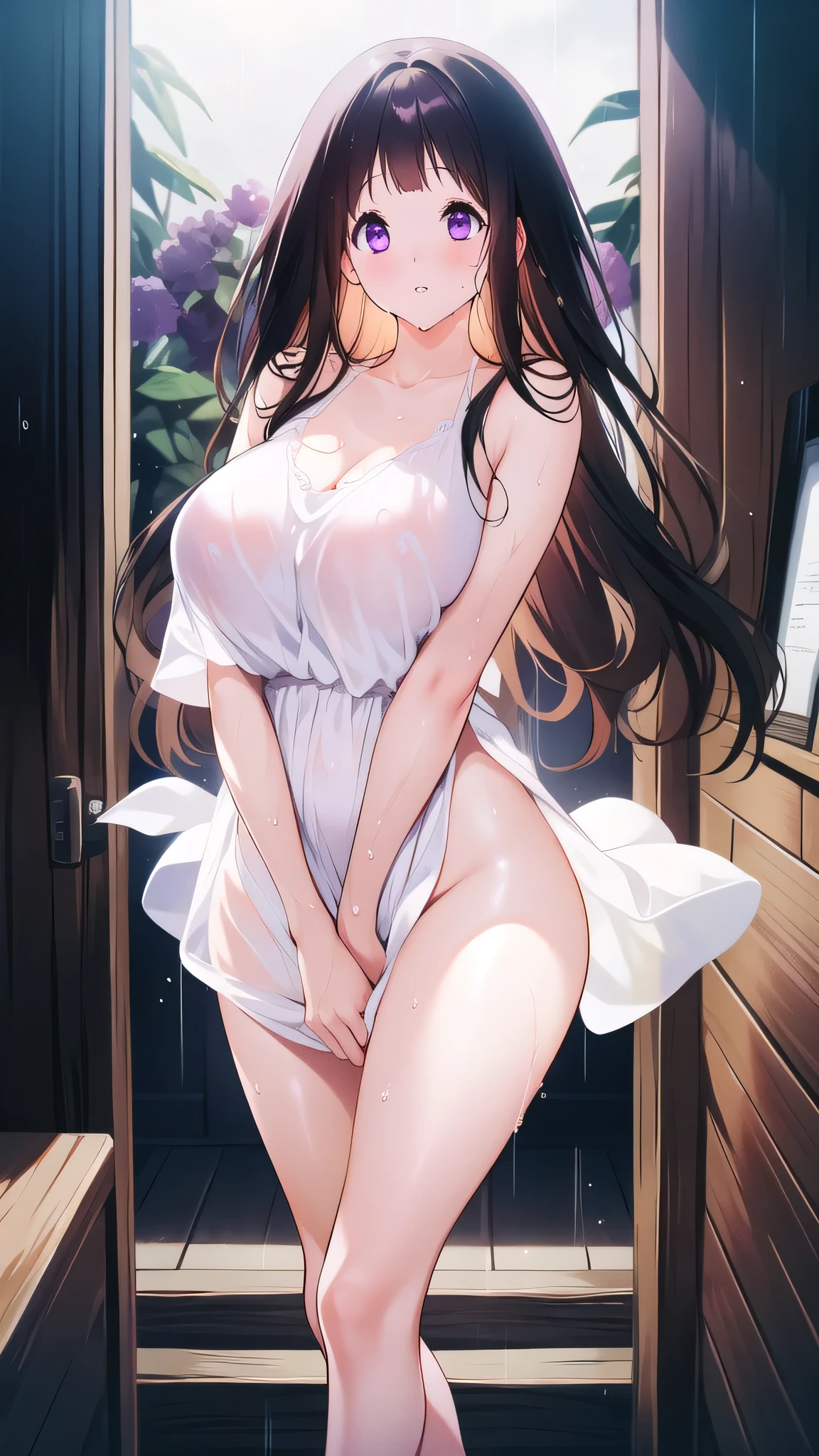 Chitanda,There is only one beautiful girl,Purple Eyes, Black Hair, Natural straight hair, Straight bangs,Extremely refined,open your lips,Face is so red,Very white skin,Skin as delicate as porcelain,Glowing skin,big eyes,Flowing long hair,beautiful girl, Like a dream,Slim,Slim waist,soft, (sensuous), (Kawaii), Dream quality,Loose white transparent dress,High slit,Sweaty and sweaty,Wet skin,Side breasts,it is raining,Hand high,Keep your head up and your chest out,standing on the ship,(Completely naked),Gluteal groove,Completely naked back,nacked hip,very close,Deep V neckline,Loose neckline,Beautiful big breasts,No pants,nopan,no pants,Bare shoulders,There are no shoulder straps,Exposed collarbone,Delicate clavicle,Delicate hands and feet,Bare neck,There are no clothes around the neck,Bare thighs,Exposed groin,Camel toe,extremely shy,Ultra-high resolution, (masterpiece:1.2, best quality), (Delicate and beautiful eyes: 1.2), (Beautiful and delicate face)