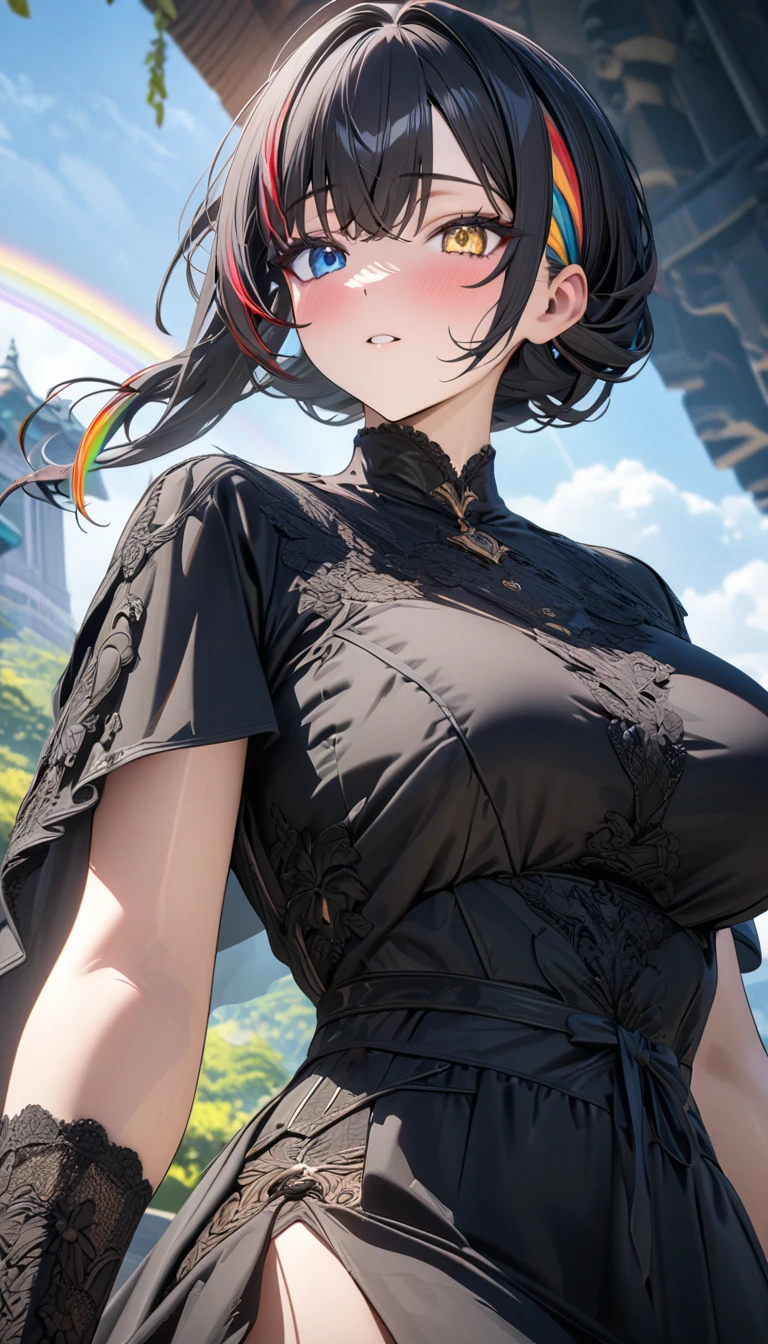((masterpiece, best quality)), very aesthetic, ultra detailed, intricate details, highly detailed, UHD, HDR, 8K, perfect face, 1girl, long black hair, streaked rainbow hair, black dress, large breasts, blue eyes, yellow eyes, heterochromia, (newest anime art style)