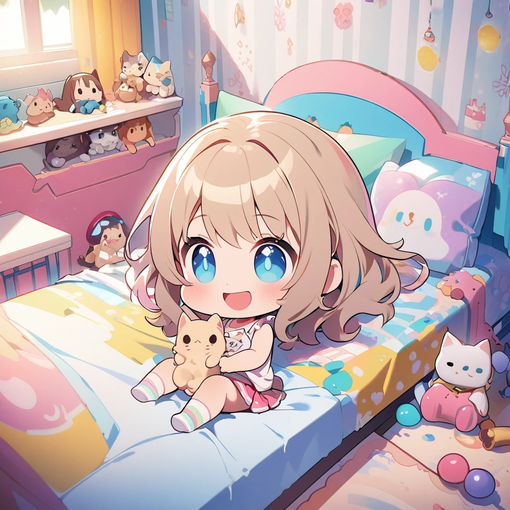 masterpiece、Highest quality、Depth of subject、((2D illustration))、1 beautiful girl、((colorful))、(((chibi style)))、((Long, beautiful hair))、Light brown hair、ribbon、cute、Beautifully detailed eyes、Tank top、((mini skirt))、(((vivid color))、((bed))、stuffed toy、((full body shot))、((Very happy face))、((baby cat))、((There&#39;s a lot of pink around))、((Lens flare))、White light is shining、Sunbeam、My whole body was filled with light、Cinematic lighting、Full body lighting