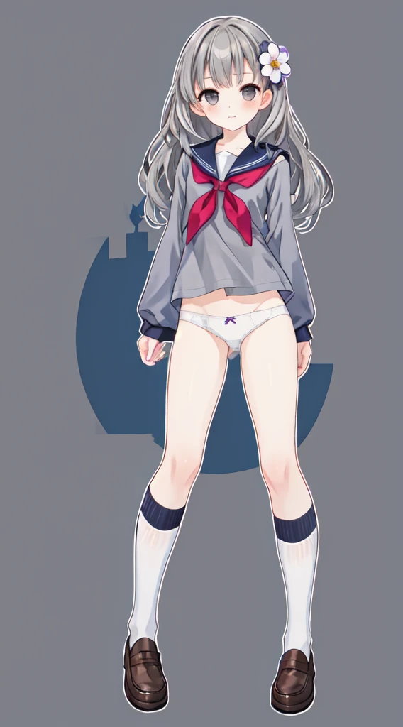 masterpiece, best quality,fuyusaka iori 1, 1girl, solo, hair flower, , hair ornament, flower, long hair, socks, serafuku, shoes, kneehighs, full body, loafers, black socks, grey hair, white flower, standing, grey eyes, outline, arms behind back, (((long sleeves))), looking at viewer, highly detailed city background, (((no_pants, white_panties, sanitary_panties)))