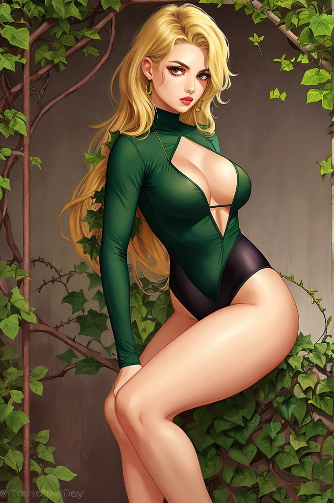 gorgeous tomboy duidess, clothes made of leaves, ivy, poison, vines, brawny,leotard, shorts, blonde