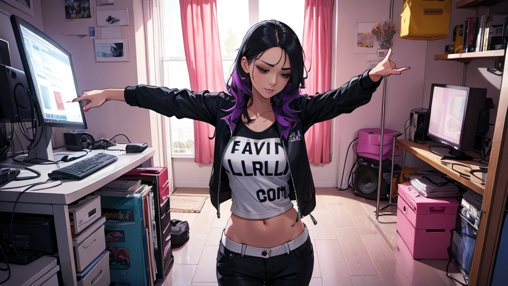 a beautiful woman in modern clothes dances in her room to the sound of electronic dance music