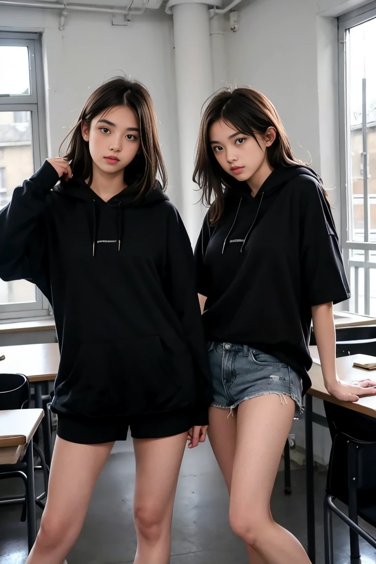 deux femmes ensemble de 18 ans sexy et mince , black short sleeve hoodie , salle de classe, se touche,position sey,sensuel