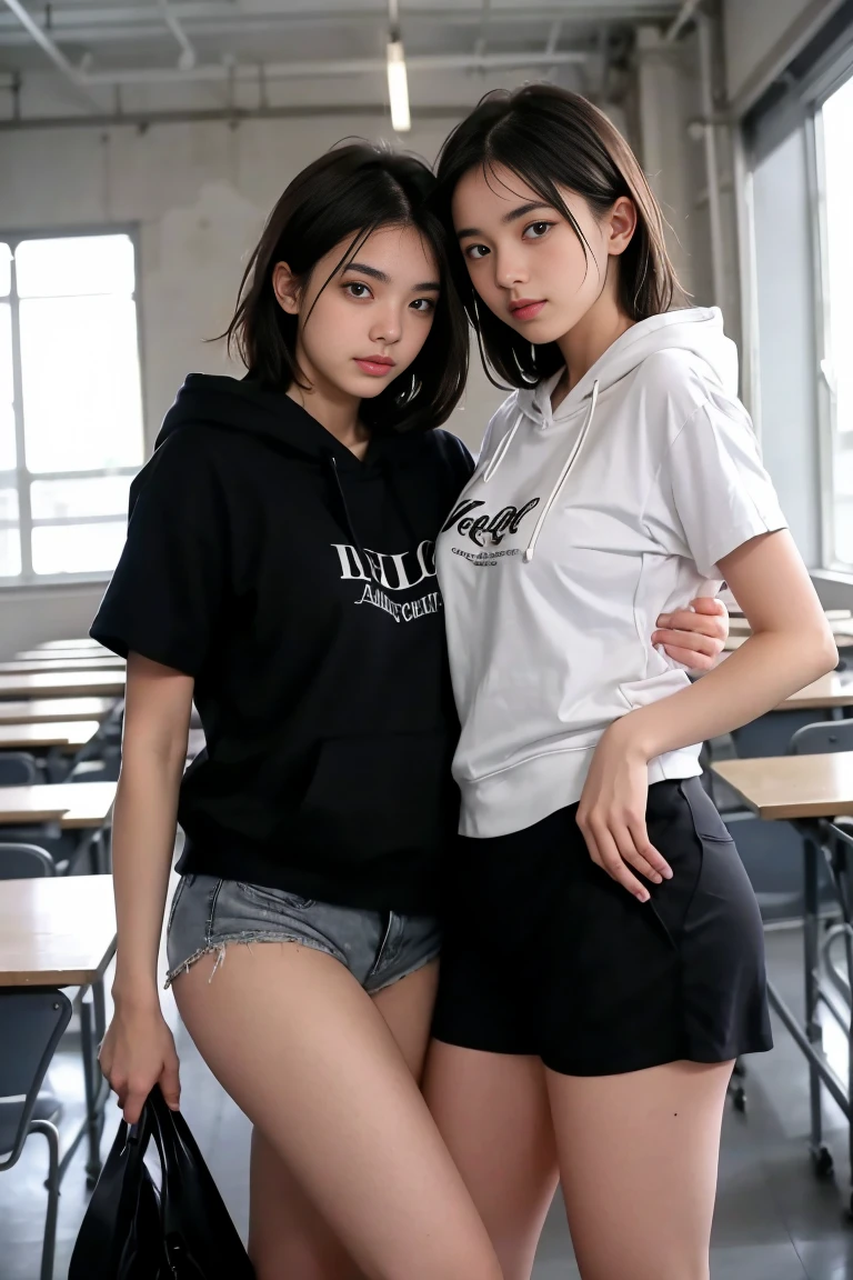 deux femmes ensemble de 18 ans sexy et mince , black short sleeve hoodie , salle de classe, se touche,position sey,sensuel