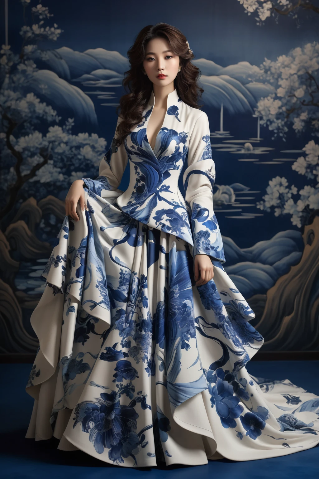 Beautiful dark room，There is a big window,  The scenery outside the window，(Looking out of the window:1.5)，Roman style windows，An elegant lady in a blue gradient dress stands by the window. （ Ceramic dress：1.3），There is a large lotus pond outside the window, creating a surreal ambiance.  Inspired by concept artist Mobius, Strong color contrast，Light grey and dark blue, Create a sense of mystery.super real，Super details，Super quality，8k