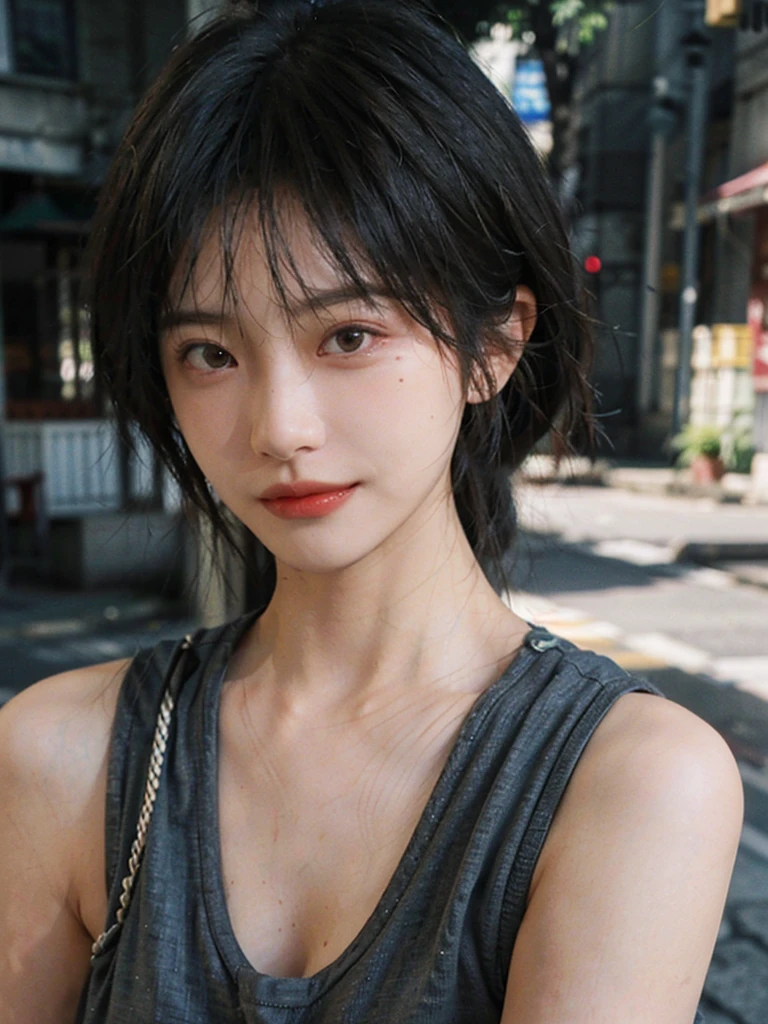 (Skin details:1.4), (smooth skin textures:1.3), （Upper body：1.4），（Upper Body：1.3）Lipstick, background, earrings, serene, calm, Suspenders，(Realistic and detailed eyes：1.2）, Natural skin texture, Realistic facial details, Soft dramatic lighting, Vivid details, 35 mm film, outdoor, (Photo Practical:1.4), (hyper Practical:1.4), (Practical:1.3), (Smoother lighting:1.05), (Improve lighting quality:0.9), (Highest quality real skin textures:1.4), Exquisite eyes, Delicate face, Close-up of face, (Enhance the beauty of skin texture:1.1), Hair details,normal body ratio, short hair, Moles under the eyes, A faint smile,Portrait Photography, Depth of Field, Bokeh, Surrealism, Ray Tracing, (Portrait Photography:1.1), Surrealism, High Detail, Chiaroscuro, Ray Tracing, reflected light, Ultra HD, Ultra HD, masterpiece, Textured Skin, Super Detail, High Detail, high quality, best quality