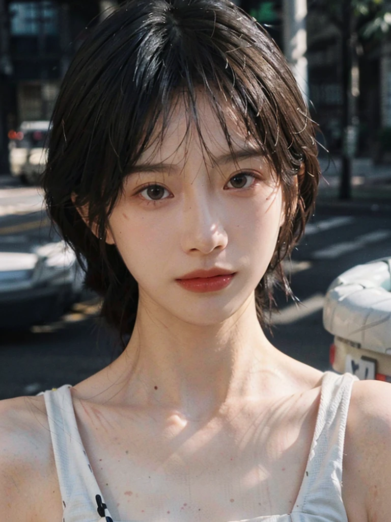 1 girl,Model,Upper Body,short hair,A faint smile,serene, calm,Moles under the eyes,Exquisite eyes, Delicate face,Lipstick,earrings,Hair details, skirt,(Dress conservatively:1.3)(Large Breasts:1.2),outdoor,background,城市background,(Skin details:1.4),(Realistic and detailed eyes:1.2), Natural skin texture, Realistic facial details,Close-up of face,Portrait Photography,(Portrait Photography:1.1), (smooth skin textures:1.3), (Highest quality real skin textures:1.4), Direct vision,Soft dramatic lighting, Vivid details, 35 mm film, (Photo Practical:1.4), (hyper Practical:1.4), (Practical:1.3), (Smoother lighting:1.05), (Improve lighting quality:0.9), (Enhance the beauty of skin texture:1.1), Depth of Field, Bokeh, Surrealism, Ray Tracing, ( Surrealism, High Detail, Chiaroscuro, Ray Tracing, reflected light, Ultra HD, Ultra HD, masterpiece, Textured Skin, Super Detail, High Detail, high quality, best quality