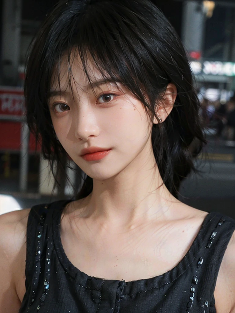 (Skin details:1.4), (smooth skin textures:1.3), (Upper body:1.4),(Upper Body:1.3)Lipstick, background, earrings, serene, calm, Suspenders,(Realistic and detailed eyes:1.2), Natural skin texture, Realistic facial details, Soft dramatic lighting, Vivid details, 35 mm film, outdoor, (Photo Practical:1.4), (hyper Practical:1.4), (Practical:1.3), (Smoother lighting:1.05), (Improve lighting quality:0.9), (Highest quality real skin textures:1.4), Exquisite eyes, Delicate face, Close-up of face, (Enhance the beauty of skin texture:1.1), Hair details,normal body ratio, short hair, Moles under the eyes, A faint smile,Portrait Photography, Depth of Field, Bokeh, Surrealism, Ray Tracing, (Portrait Photography:1.1), Surrealism, High Detail, Chiaroscuro, Ray Tracing, reflected light, Ultra HD, Ultra HD, masterpiece, Textured Skin, Super Detail, High Detail, high quality, best quality