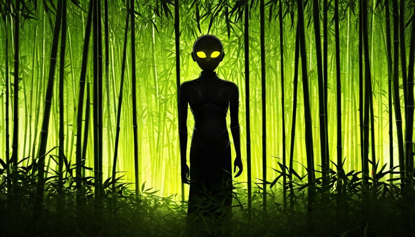 Create a digital artwork featuring a human-like black shadow with big yellow glowing eyes, standing in the bamboo forests of Assam. The scene should depict dense bamboo groves, with tall, slender bamboo stalks creating a maze-like backdrop. The shadowy figure should have no discernible features apart from its glowing eyes, and standing looking in front