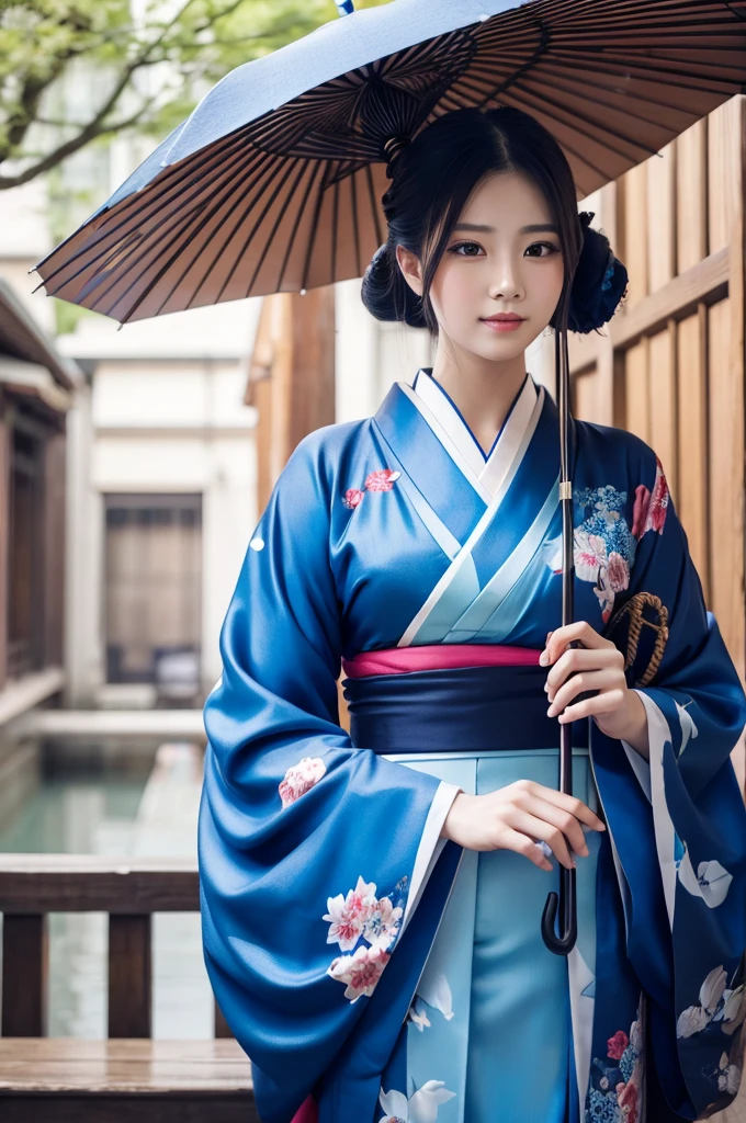 Cool courtesan in blue kimono holding an umbrella