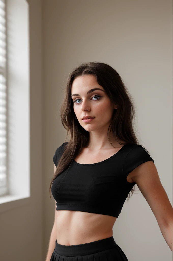 Young Woman from USA, with cute face, dark long massy hair, makeup , medium breast, medium ass, skinny), wearing short black skirt and short black top , (looking at viewer), focused, natural light