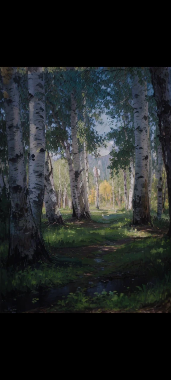 a beautiful oil painting of a birch grove in the shade, peaceful forest landscape, detailed foliage, serene atmosphere, warm lighting, vibrant colors, photorealistic, masterpiece, high quality, intricate details, lush greenery, sunlit clearing, tranquil scene, picturesque countryside, soft brushstrokes, natural beauty, atmospheric perspective, cinematic composition