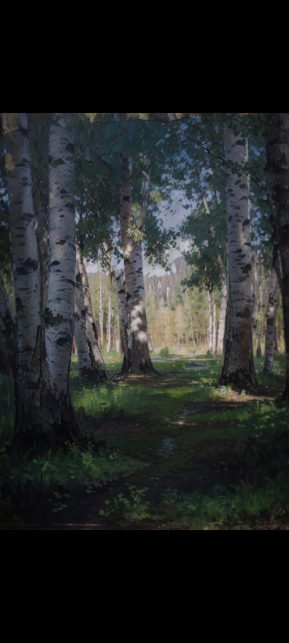 a beautiful oil painting of a birch grove in the shade, peaceful forest landscape, detailed foliage, serene atmosphere, warm lighting, vibrant colors, photorealistic, masterpiece, high quality, intricate details, lush greenery, sunlit clearing, tranquil scene, picturesque countryside, soft brushstrokes, natural beauty, atmospheric perspective, cinematic composition