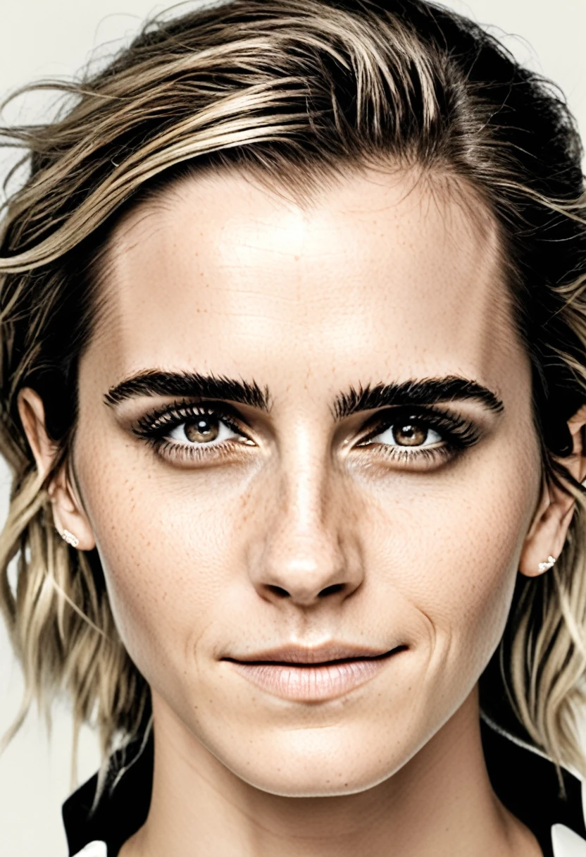 hyperdetailed sexy photography of Emma Watson, long white blonde messi hair, happy, laughing, eyes open, perfect eyes, vintage style, best quality,highly detailed, very detailed skin texture,  (looking at viewer:1.4), full body,  blank background, 
  