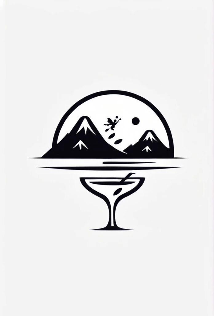 Mountains in Japan々Located deep in the mountains、A stylish dining bar logo with a distorted leaf-shaped logo、Two cute little fairies having drinks at a bar. A cool design with depth and naturalness. Chic and modern design. Monotone background, pure white.