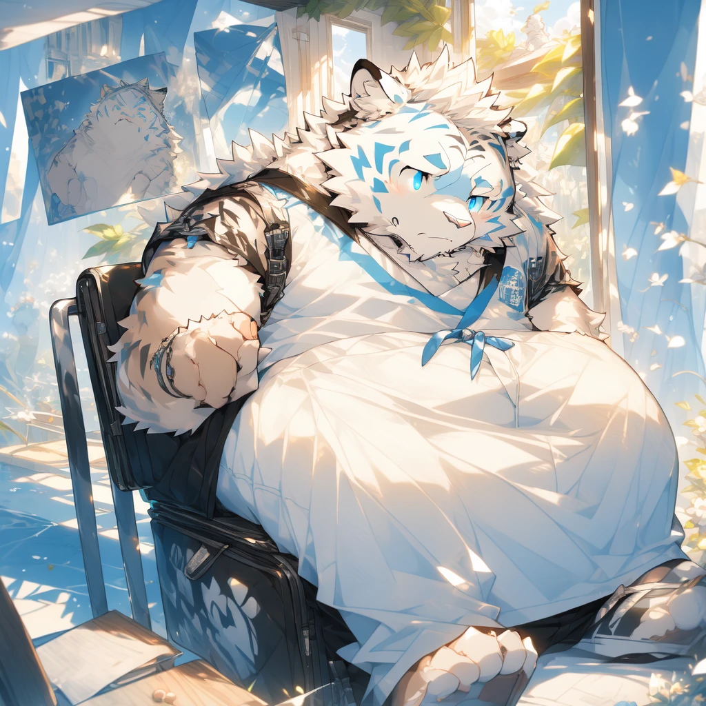 ((masterpiece)), ((best quality)), (ultra-detailed), Furry, 1 Male, White wolf, Blue eye, White tank top and Black trunks, Sad-looking face, Sit with one's back to the wall, Darkened room, fine line drawing, fine detail,