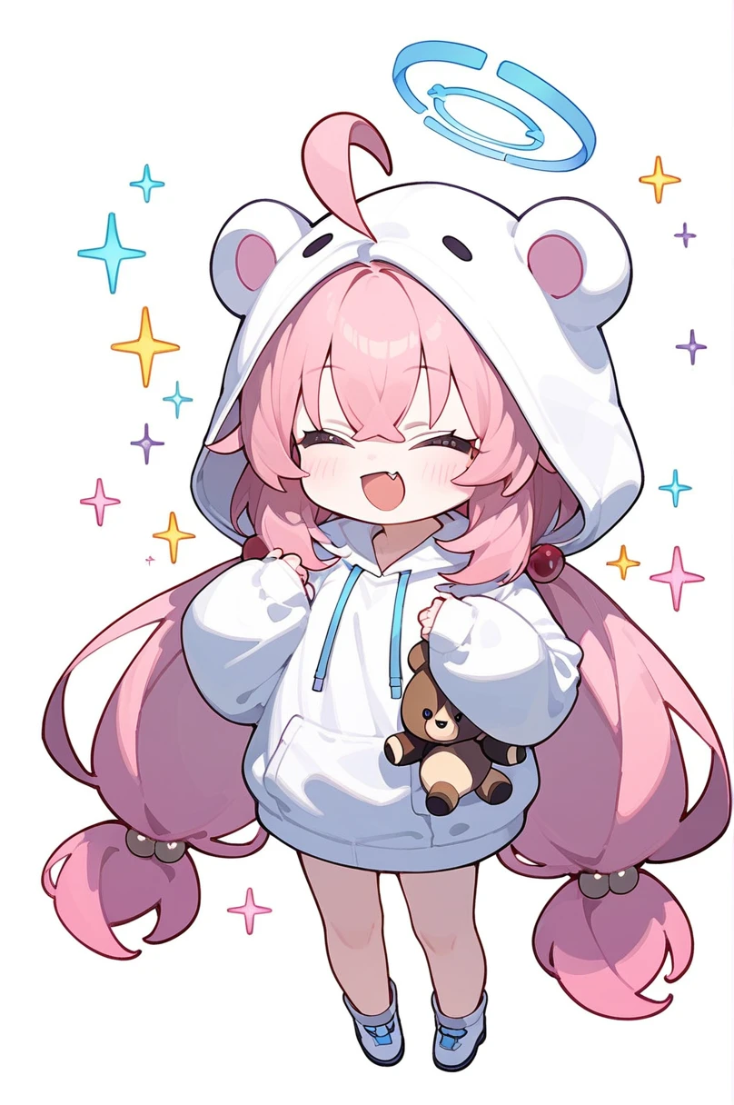 score_9,score_8_up,score_7_up,1girl,hoshino (blue archive),fang,pink hair,solo,twintails,hood,ahoge,long hair,chibi,halo,low twintails,closed eyes,hair ornament,bangs,blush,smile,standing,full body,very long hair,open mouth,facing viewer,hair bobbles,hoodie,stuffed toy,long sleeves,hood up,stuffed animal,:d,skin fang,hair between eyes,white hoodie,holding,simple background,=_=,sparkle,sleeves past fingers,animal hood,