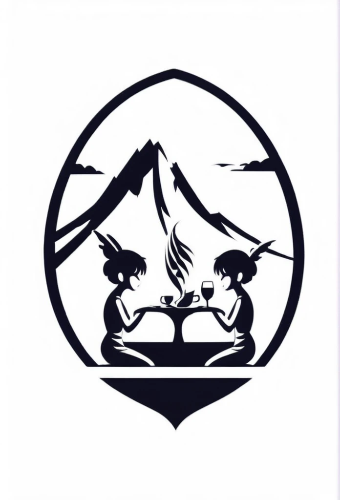 Mountains in Japan々Located deep in the mountains、A logo for a stylish dining bar. Two cute little fairies serving drinks at the bar. A cool design with depth and natural flair. Chic and modern design. Monotone background, pure white.
