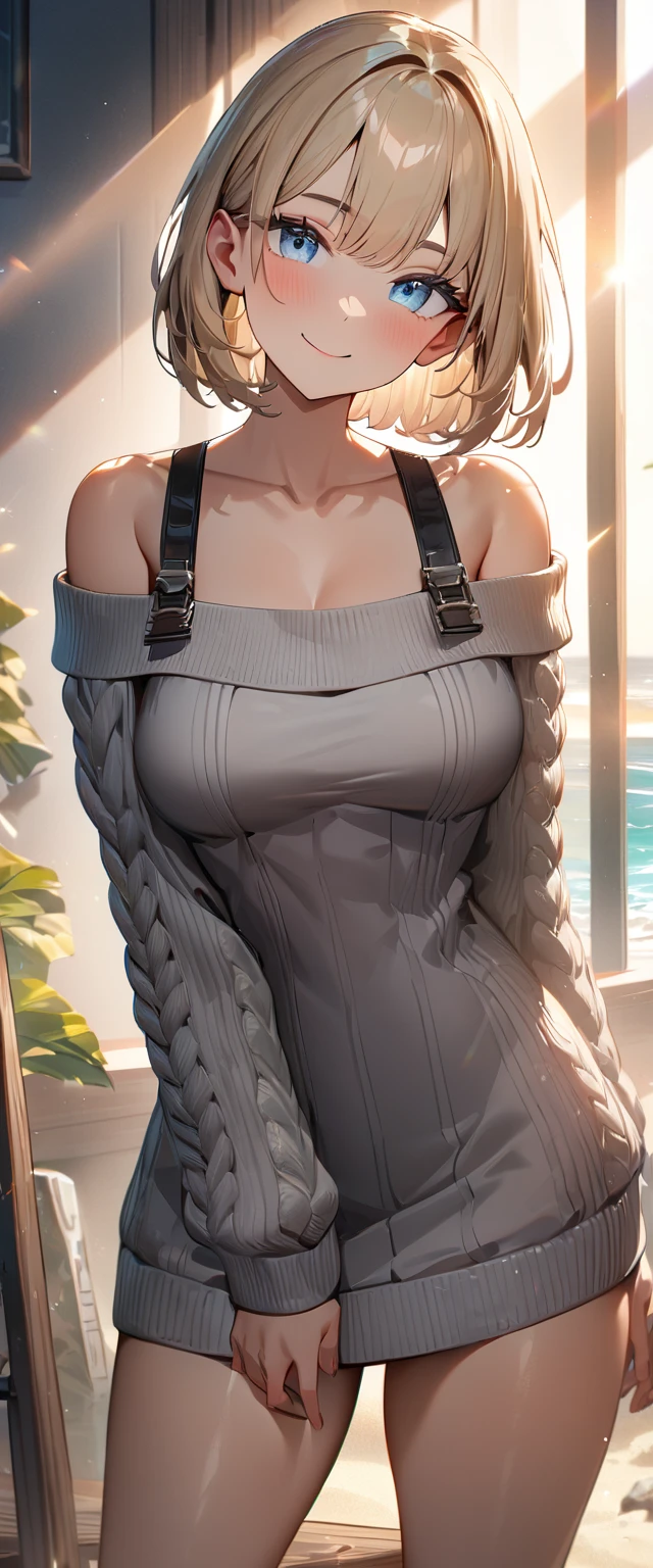 (((One girl))), ((beach)), noon, blond hair, bob cut, breasts, from front, (cowboy shot), standard body, (looking at viewer), ((off-shoulder {black} knit sweater dress, Quite thick shoulder straps)), ((Balloon sleeve)), teenager, head tilt:1.3, (((blue eye))), ((happy smile)), anime style, (best quality, 4k, 8k, highres, masterpiece:1.2, ultra-detailed, ultra-detailed eyes, HDR, UHD, studio lighting, ultra-fine painting, sharp focus, physically-based rendering, extreme detail description, professional, vivid colors, bokeh), ((Highest quality, Best image quality, Ultra-high resolution, Ultra-high resolution, solo, Strong eye highlights)), Depth of written boundary, Natural soft light, attractive, Beautiful Face, Cleanliness, Pure Face, nedium chest, Beautiful Face, Perfect Fingers, Perfect hands, Perfect body, Perfect Face, Shine a light into your eyes, Perfect Anatomy