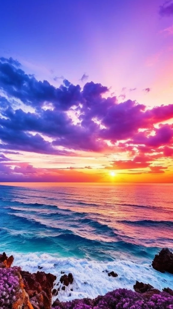 a purple and blue sunset over the ocean with waves, beautiful vibrant colors, beautiful colors, stunning colors, gorgeous colors, magical colours and atmosphere, breathtaking colors, amazing colors, magical colors and atmosphere, beautiful colours, vividly beautiful colors, amazing colours, moody beautiful colors, dreamy colors, beautiful colorful, very vibrant colors, colorful glow, vibrant moody colors, สาวสวย, เล่นน้ำ, ใส่บิกินี่สีทอง, 