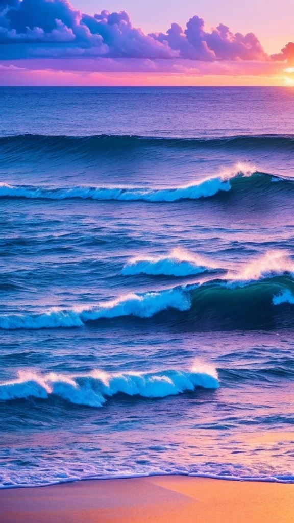 a purple and blue sunset over the ocean with waves, beautiful vibrant colors, beautiful colors, stunning colors, gorgeous colors, magical colours and atmosphere, breathtaking colors, amazing colors, magical colors and atmosphere, beautiful colours, vividly beautiful colors, amazing colours, moody beautiful colors, dreamy colors, beautiful colorful, very vibrant colors, colorful glow, vibrant moody colors, สาวสวย, เล่นน้ำ, ใส่บิกินี่สีทอง,