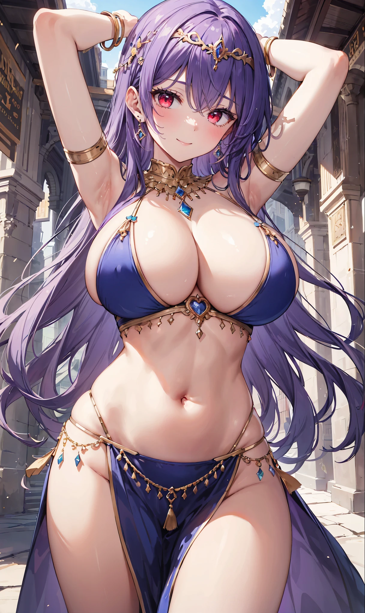 high quality, ultra detailed, best quality, insanely detailed, beautiful, masterpiece, 1girl, medieval plaza, cowboy shot, red eyes, long hair, purple hair, belly dancer, circlet, earrings, armlets, bracelets, bashful smile, large breasts, cleavage, soft stomach