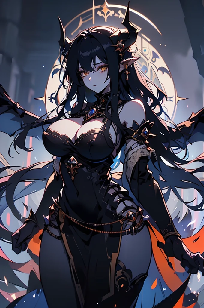 1girl, solo, skindentation, textured skin, background, simple background, dragon humanoid, blue scales, blue horns, pale skin woman, long hair, black hair, blunt bangs, blue sclera, yellow eyes, long lashes, expressionless, dragon wings, dragon tail, dragonborn, huge breasts, scales covering nipples, scales covering crotch, thick thighs, wide hips, huge ass, scales on arms, claws