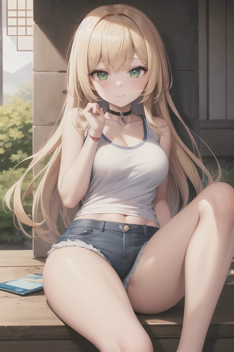 masterpiece, Highest quality, Blonde, choker, Green Eyes, Long Hair, White tank top, Denim shorts, Japanese ,blush, have, BREAK Watch Viewers,