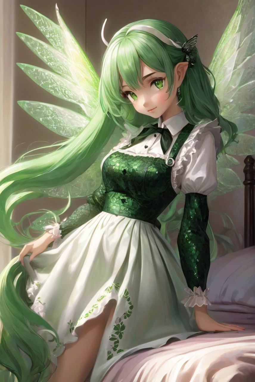 A maid stands beside a bed, illuminated by the soft morning light filtering through the curtains. She has long, soft green hair cascading over her shoulders and striking green eyes. Her white, smooth skin features patches of green scales on her wings, tail, cheeks, thighs, and the sides of her stomach. She also has small, curved horns on her head. Her wings are small and dragon-like, and her tail is covered in green scales. The scales on her body shimmer slightly in the light. She is wearing a black and white maid outfit designed to be both practical and alluring, with a form-fitting bodice and a short skirt that accentuates her graceful figure. Her outfit also has delicate lace trims and a small apron tied at the waist. Her expression is firm yet concerned as she looks down, focusing on her detailed and unique appearance. The room is softly lit with morning light, highlighting her striking features and the intricate details of her outfit and scales