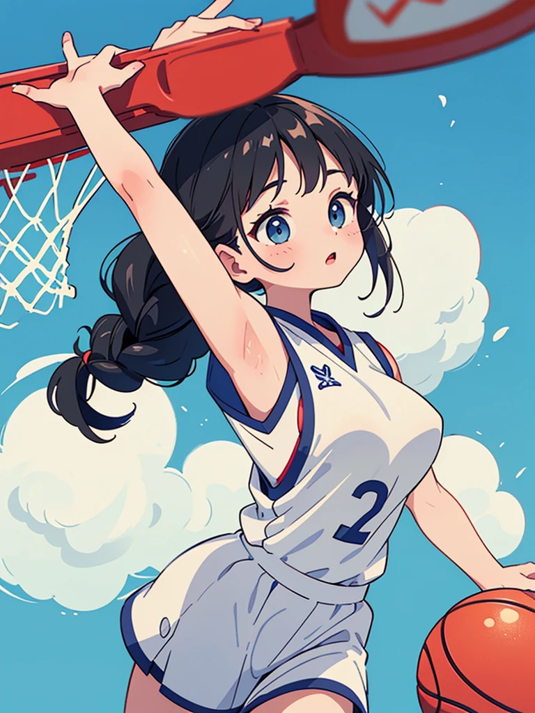 Highest quality、High resolution、Detailed Background、Beautiful Face、High detail、(Perfect Anatomy, Perfect Style)、(Detailed facial expressions)、(fine grain:1.2)、Teenage Beauty、One Girl、Elementary school students, Cute black hair、Braided Bob, Braided, clear, deep blue eyes、Braided Ponytail, Braided bob cut, Basketball game, jumping:1.5, dunking:1.5, Floating in the air:1.5, ((shoot from above:2, looking up)), (Red, blue and white basketball uniform:1.5, No sleeve:1.5)、((armpit:1.5)), ((large breasts:1.2, pointy breasts:1.2, high breasts:1.2)), gym, Holding a basketball, Photographing the whole body from a distance