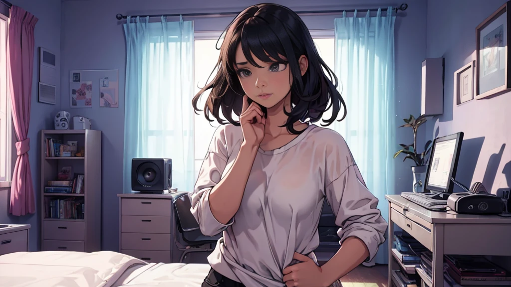 a beautiful woman in modern clothes dances in her room to the sound of electronic dance music