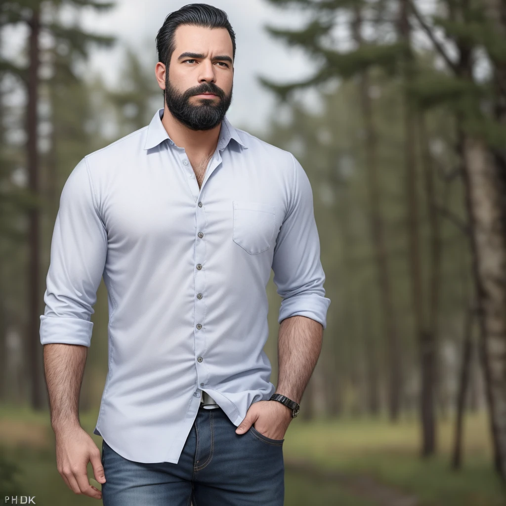 a confident man with a thick beard and aviator sunglasses, standing in a snowy forest, wearing a stylish plaid flannel shirt over a white t-shirt and dark jeans, tall snow-covered pine trees, moody cloudy sky, hands in pockets, calm and composed demeanor, (best quality,4k,8k,highres,masterpiece:1.2),ultra-detailed,(realistic,photorealistic,photo-realistic:1.37),HRD,UHD,studio lighting,ultra-fine painting,sharp focus,physically-based rendering,extreme detail description,professional,vivid colors,bokeh,portrait photography