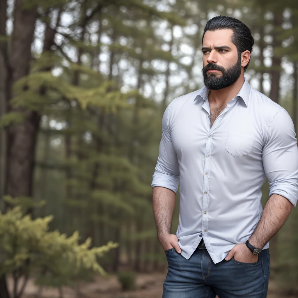 a confident man with a thick beard and aviator sunglasses, standing in a snowy forest, wearing a stylish plaid flannel shirt over a white t-shirt and dark jeans, tall snow-covered pine trees, moody cloudy sky, hands in pockets, calm and composed demeanor, (best quality,4k,8k,highres,masterpiece:1.2),ultra-detailed,(realistic,photorealistic,photo-realistic:1.37),HRD,UHD,studio lighting,ultra-fine painting,sharp focus,physically-based rendering,extreme detail description,professional,vivid colors,bokeh,portrait photography