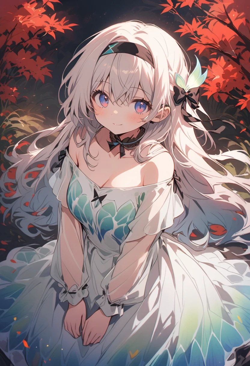 firefly \(Collapse: Star Trails\),1 Girl,Solitary,(Pink off-the-shoulder dress :1.5), (Silver long hair:1.5) ，Black _ Headband, X-Shape _ Eyebrow, Headband, Polyolefins _ hair, Bangs, Bare shoulders, full-body shot, White, White高跟鞋, outdoor, Red Maple Forest，
