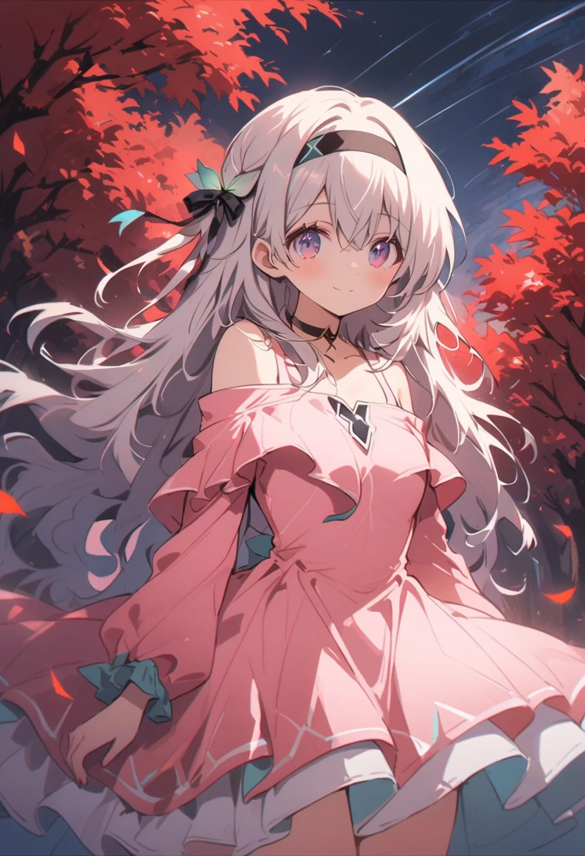 firefly \(Collapse: Star Trails\),1 Girl,Solitary,(Pink off-the-shoulder dress :1.5), (Silver long hair:1.5) ,Black _ Headband, X-Shape _ Eyebrow, Headband, Polyolefins _ hair, Bangs, Bare shoulders, full-body shot, White, White高跟鞋, outdoor, Red Maple Forest,